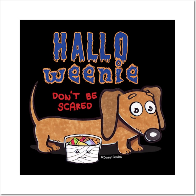 Cute Doxie Dog trick or treating on Halloweenie Wiener Dog tee Wall Art by Danny Gordon Art